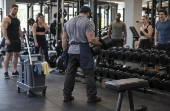 Adulte anonyme en tenue de nettoyage soulevant un haltère dans une salle de sport.