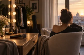 Chanteuse fictive vue de dos faisant une pause dans une loge calme.