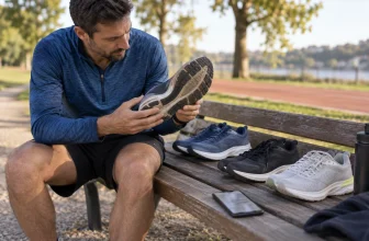 Coureur comparant les semelles de plusieurs chaussures de running génériques.