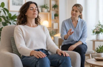 Adulte pratiquant une détente oculaire douce sous la supervision d’une professionnelle.