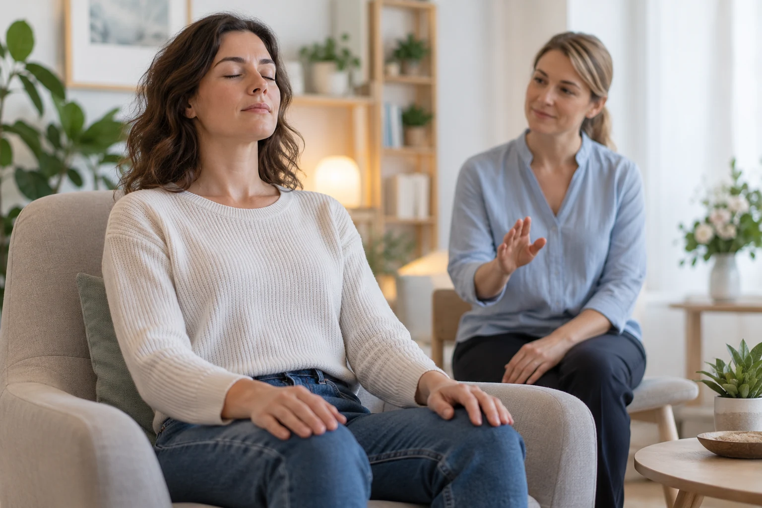 Adulte pratiquant une dĂ©tente oculaire douce sous la supervision dâune professionnelle.