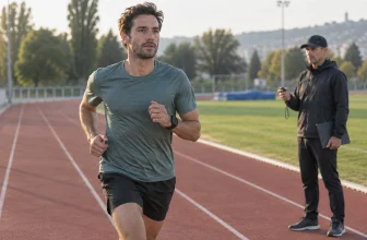Coureur adulte à allure régulière sur une piste sous le regard d’un coach.