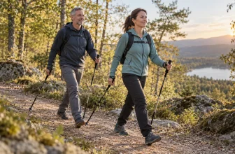 Deux adultes pratiquant la marche nordique avec des bâtons sur un sentier.
