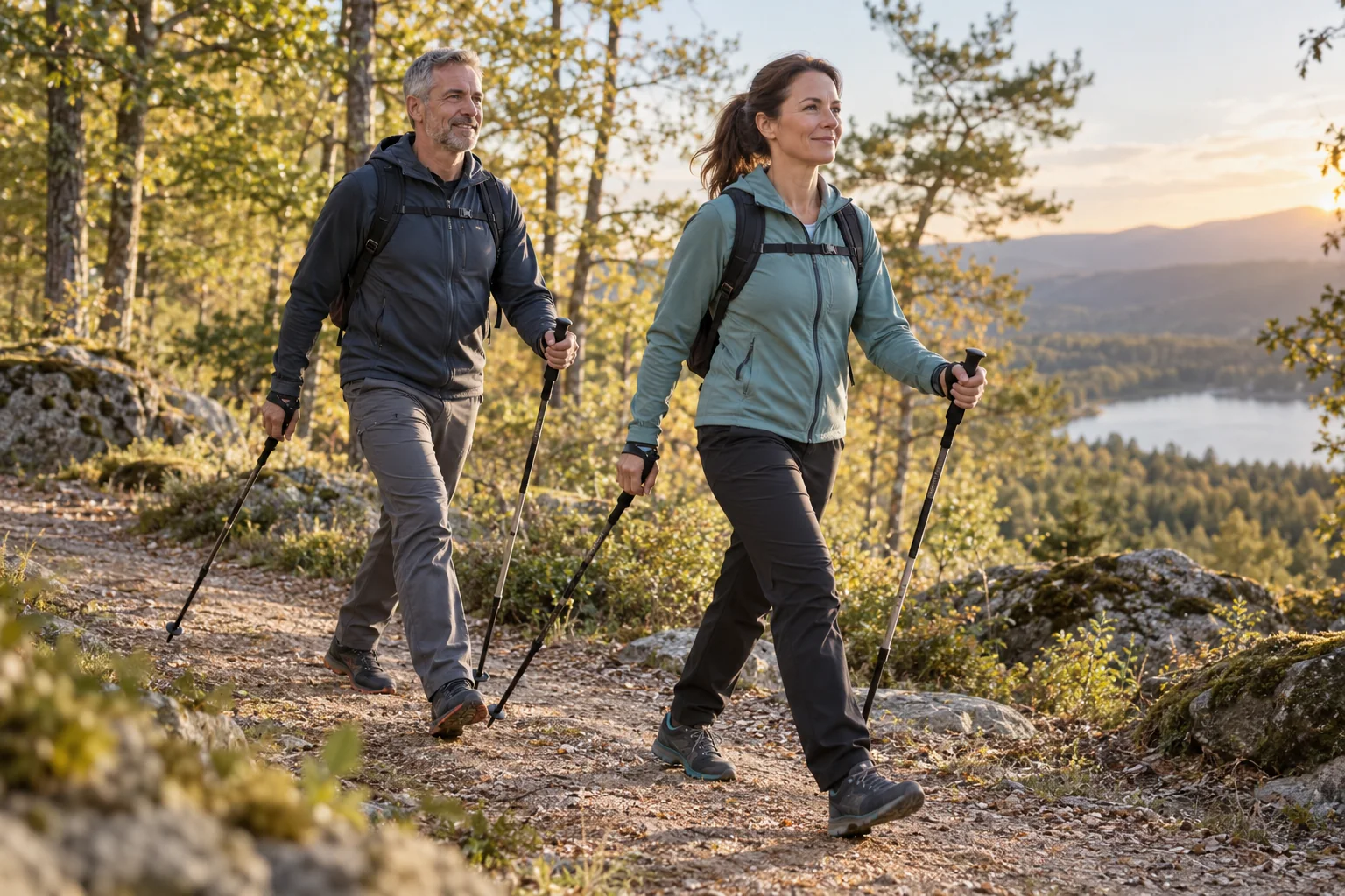 Deux adultes pratiquant la marche nordique avec des bâtons sur un sentier.