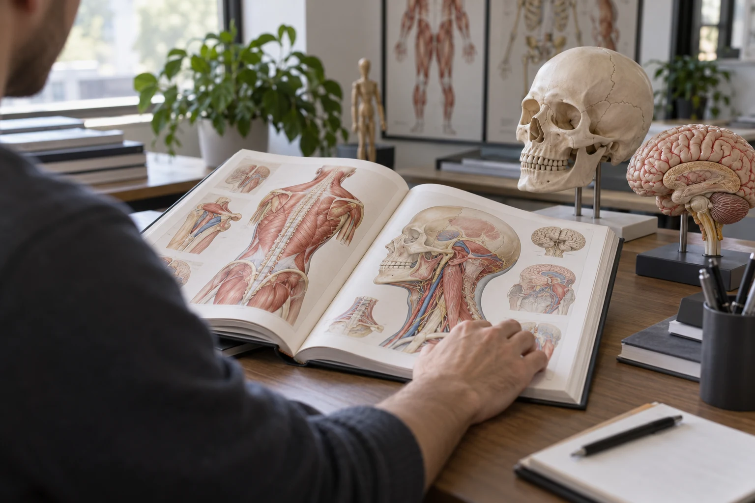 Adulte consultant un atlas anatomique avec des modèles de crâne et de cerveau.
