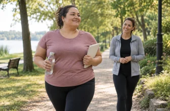 Adulte marchant dans un parc avec une professionnelle lors d’une démarche progressive.