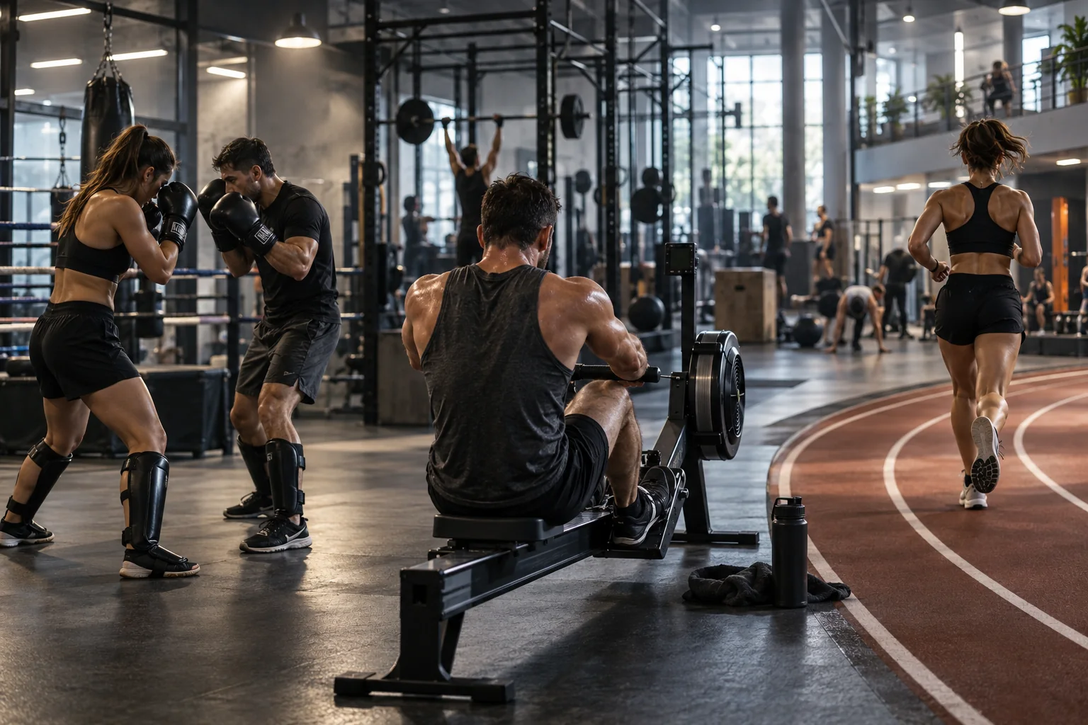 Adultes pratiquant la boxe, le rameur et la course dans un centre multisport.