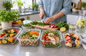 Adulte préparant plusieurs repas équilibrés dans une cuisine lumineuse.