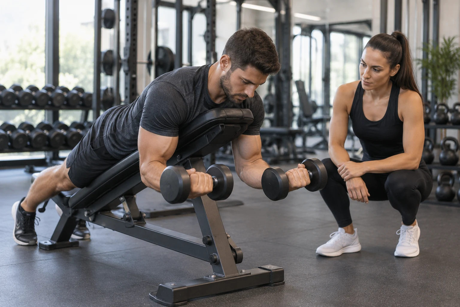 Sportif réalisant un spider curl avec deux haltÚres sur un banc incliné sous supervision.