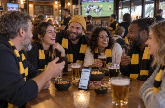Groupe de supporters de rugby échangeant après un match dans un café sportif.