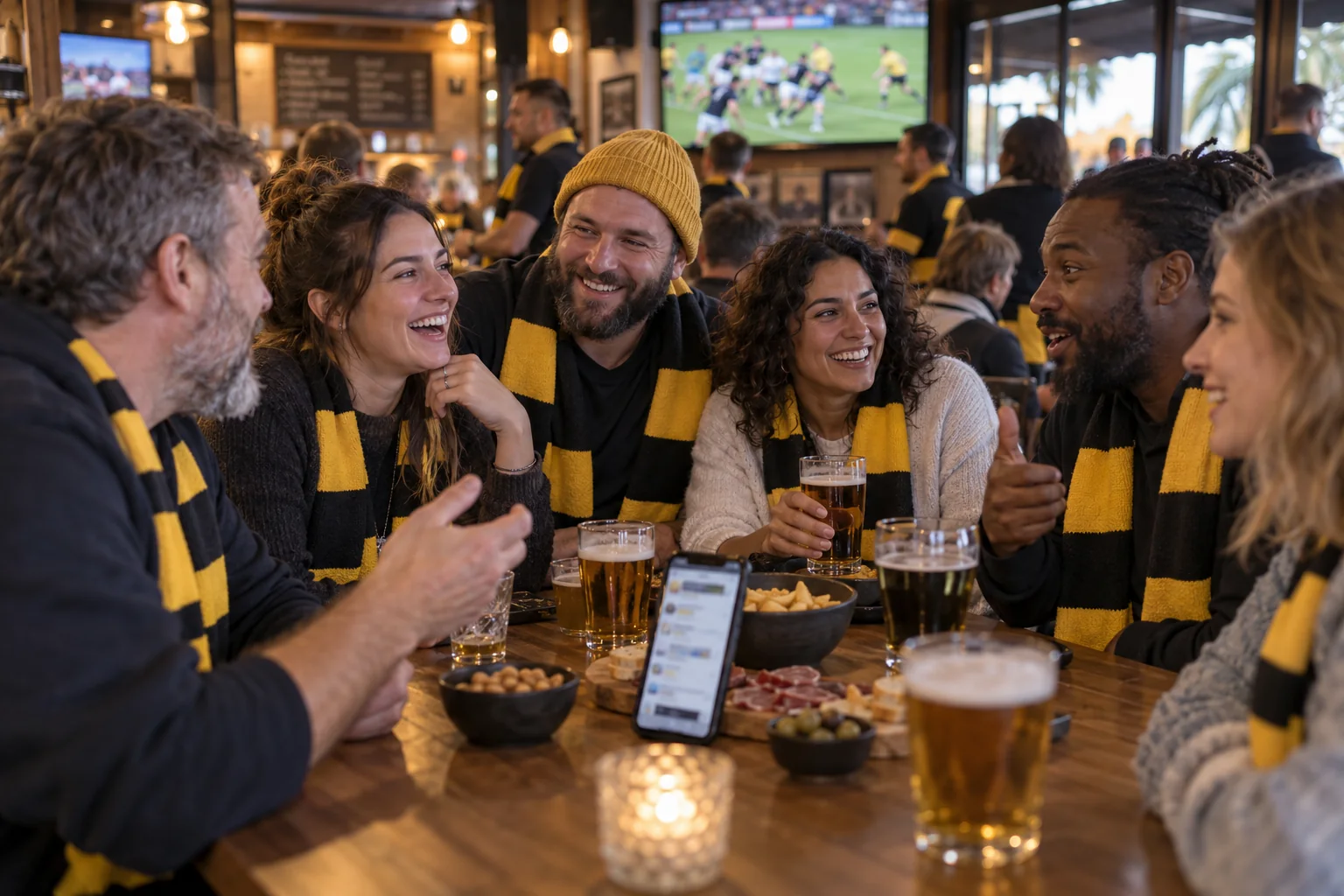 Groupe de supporters de rugby échangeant après un match dans un café sportif.